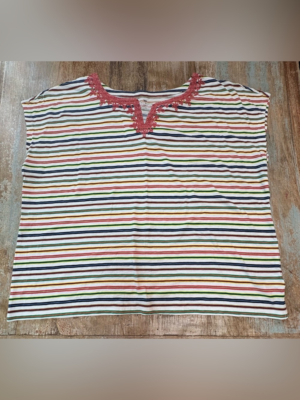 Talbots Multicolor Striped Cotton Top with Coral Crochet V-Neck